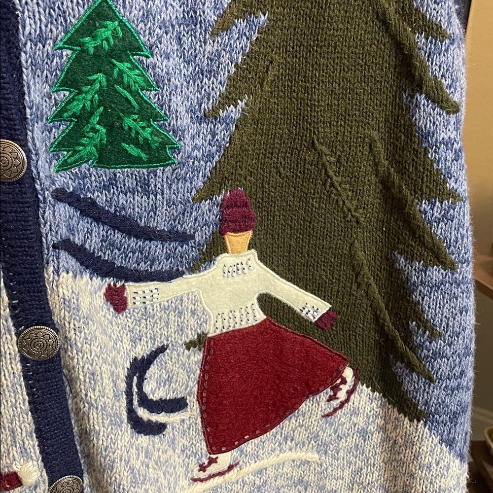 Vintage Bobbie Brooks Christmas Sweater Vest Blue Ice Skating Novelty Knit L - Picture 5 of 7